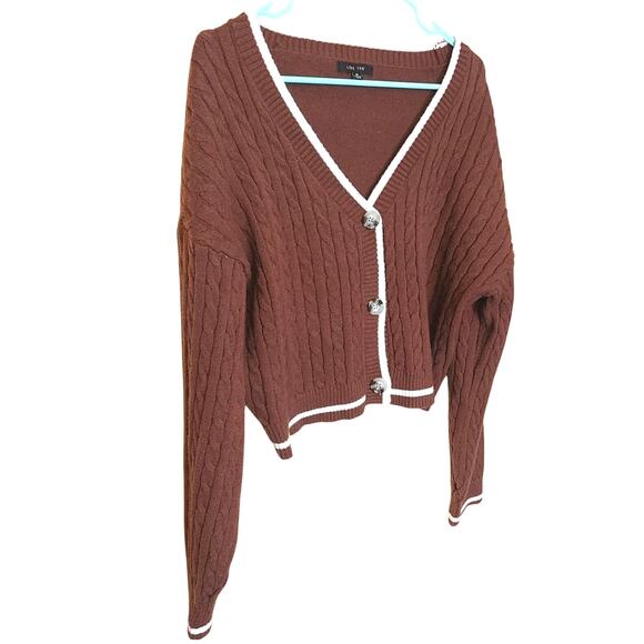 Love Tree Size Medium M Brown White Trim Cropped Sweater y2k Style Big Buttons - Picture 1 of 9